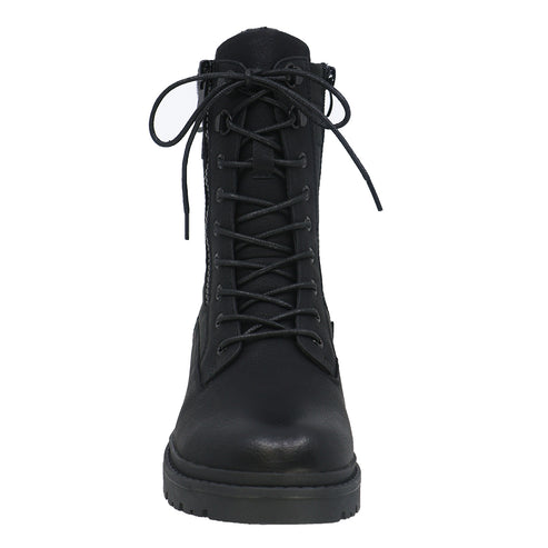 Front view of black, mid-calf lace-up boot with thick, lug sole.