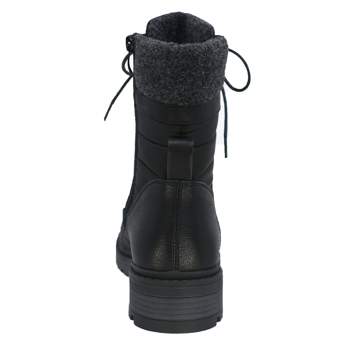 Black, mid-calf, lace-up boot with a textured gray wool collar.