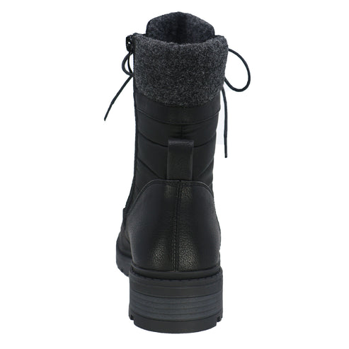 Black, mid-calf, lace-up boot with a textured gray wool collar.