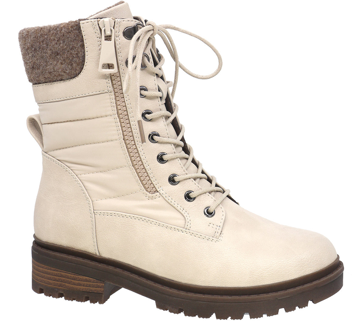 Off-white combat boot with brown sole, side zipper, and lace-up closure.