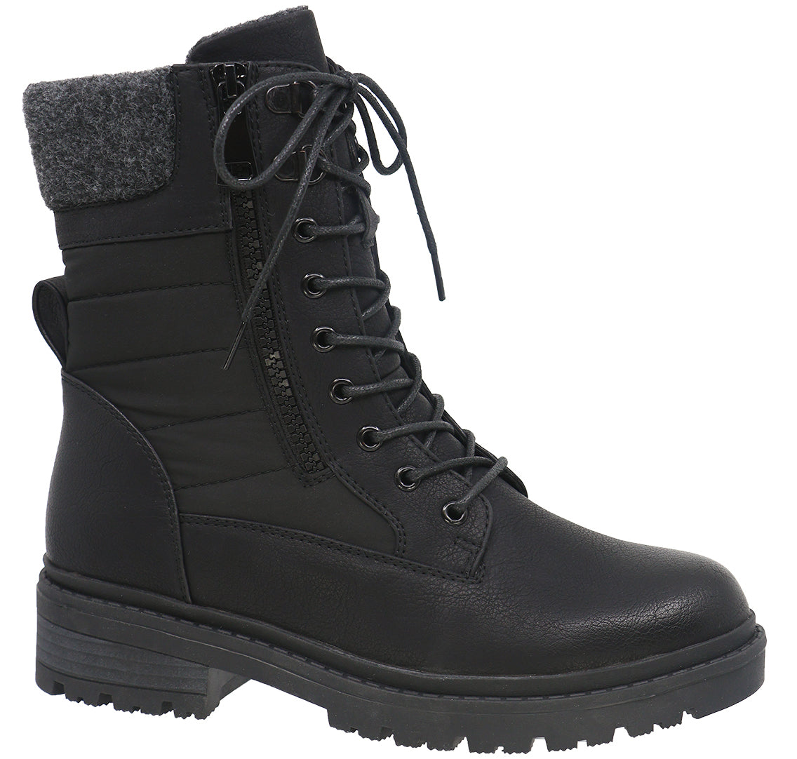 Black combat boot with laces and side zipper, quilted shaft, and textured sole.