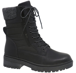 Black combat boot with laces and side zipper, quilted shaft, and textured sole.