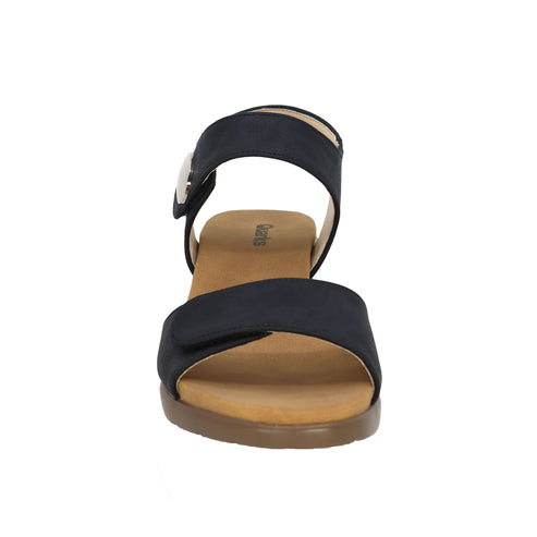 Black sandal with two straps and adjustable buckle.