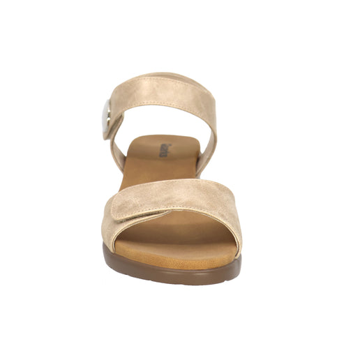 Beige wedge sandal with toe and ankle strap.