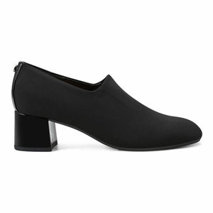Black women's heeled shoe with a block heel and pointed toe.