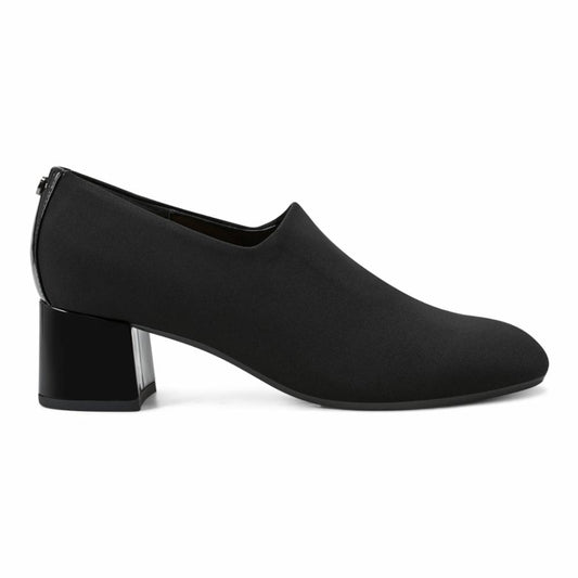 Black women's heeled shoe with a block heel and pointed toe.