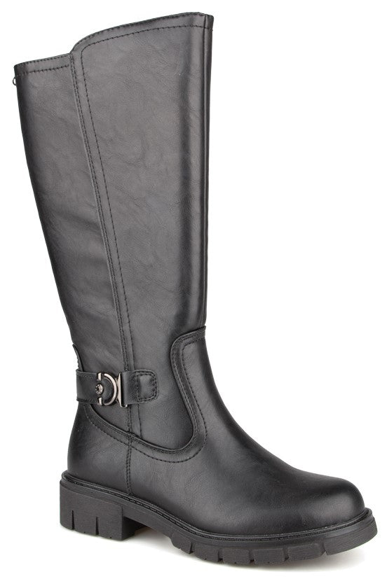 A black knee-high synthetic leather boot with a side buckle detail, a rounded toe, and a lugged sole.