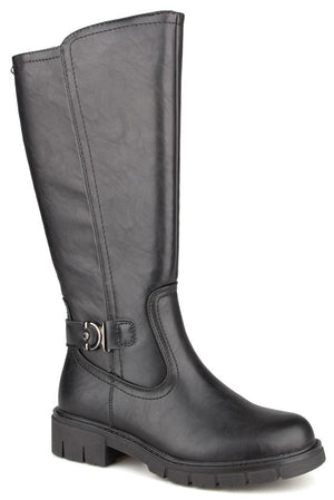A black knee-high synthetic leather boot with a side buckle detail, a rounded toe, and a lugged sole.
