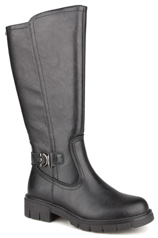 A black knee-high synthetic leather boot with a side buckle detail, a rounded toe, and a lugged sole.