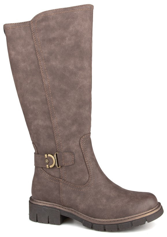 A brown, knee-high, synthetic leather boot with a thick, treaded lug sole, a low heel, and a decorative strap with a metallic gold-tone buckle across the ankle.