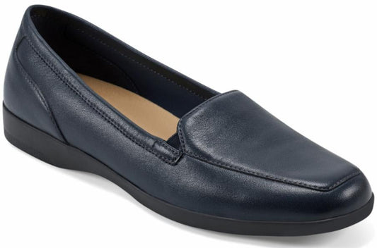 Navy blue leather loafer with a flat heel.