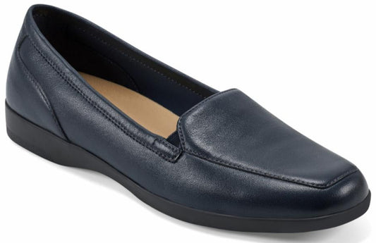 Navy blue leather loafer with a squared toe and a low heel.
