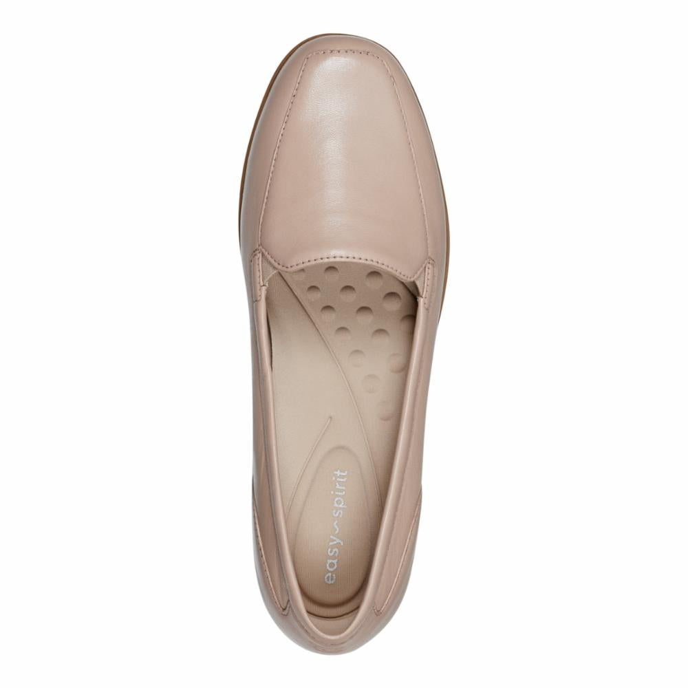 Top-down view of beige, shiny, rounded toe loafer with visible insole padding.