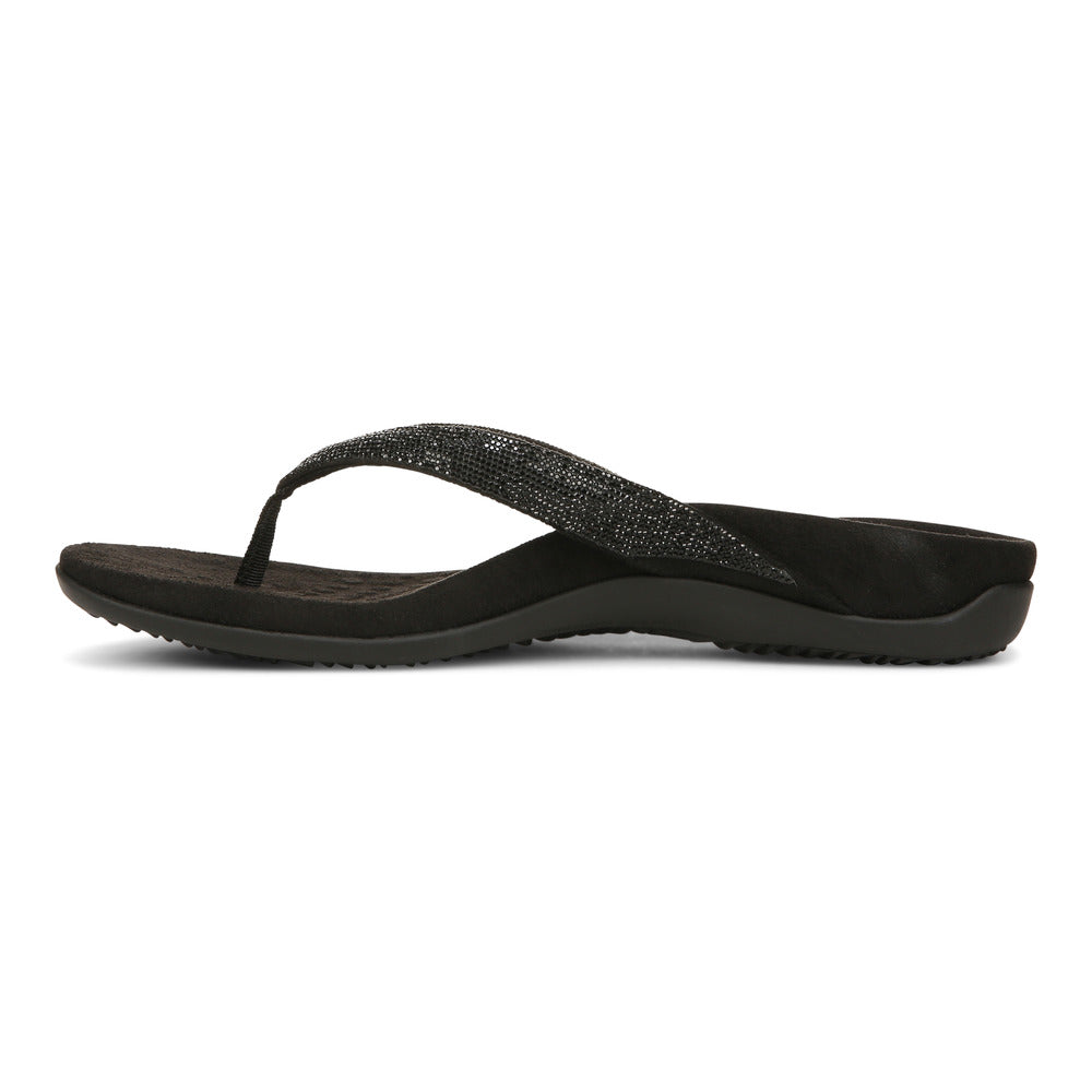 Black flip-flop with sparkly thong strap, side view.