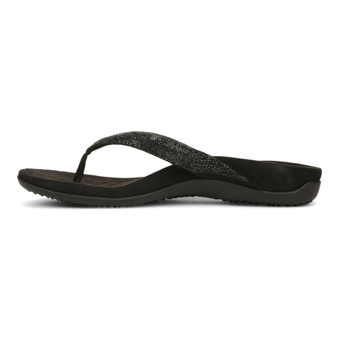 Black flip-flop with sparkly thong strap, side view.