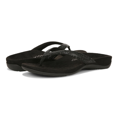 Two black flip-flops with sparkly straps.