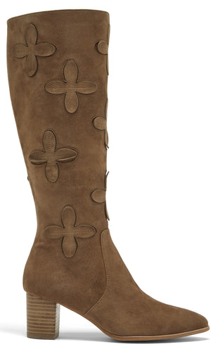 A tan suede knee-high boot with a block heel and floral petal-shaped cutouts along the side.
