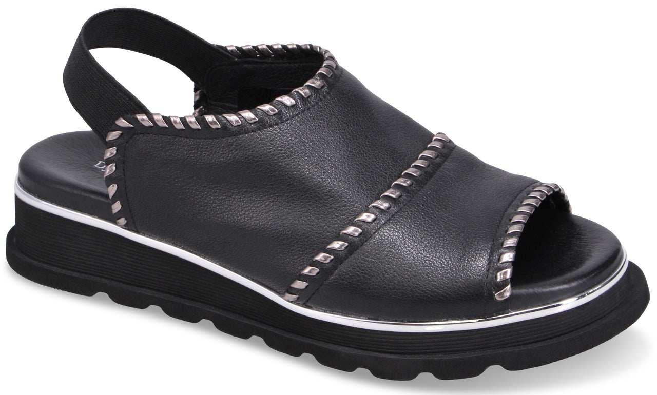 Black sandal with elastic back strap and silver trim