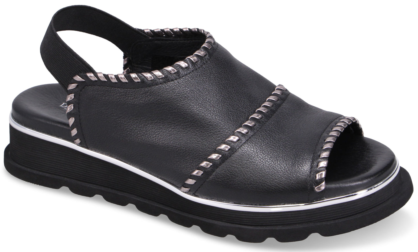 Black sandal with elastic back strap and silver trim
