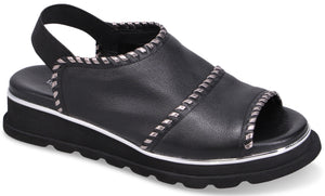 Black sandal with elastic back strap and silver trim