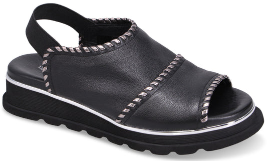 Black sandal with elastic back strap and silver trim