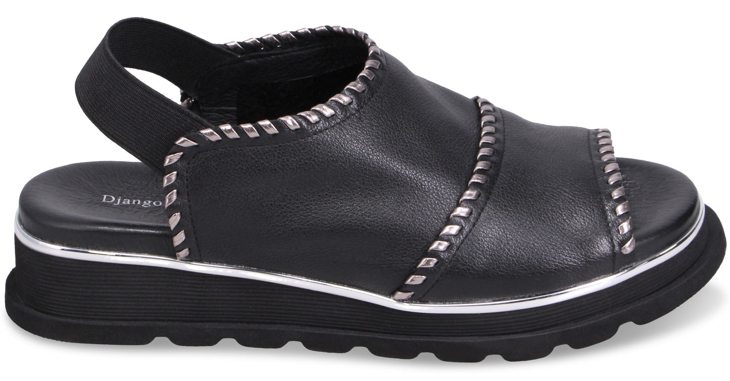 Black open toe platform sandal with elastic ankle strap and silver trim.