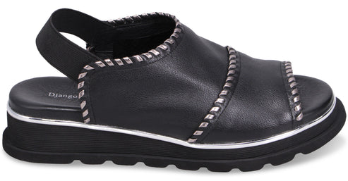 Black open toe platform sandal with elastic ankle strap and silver trim.