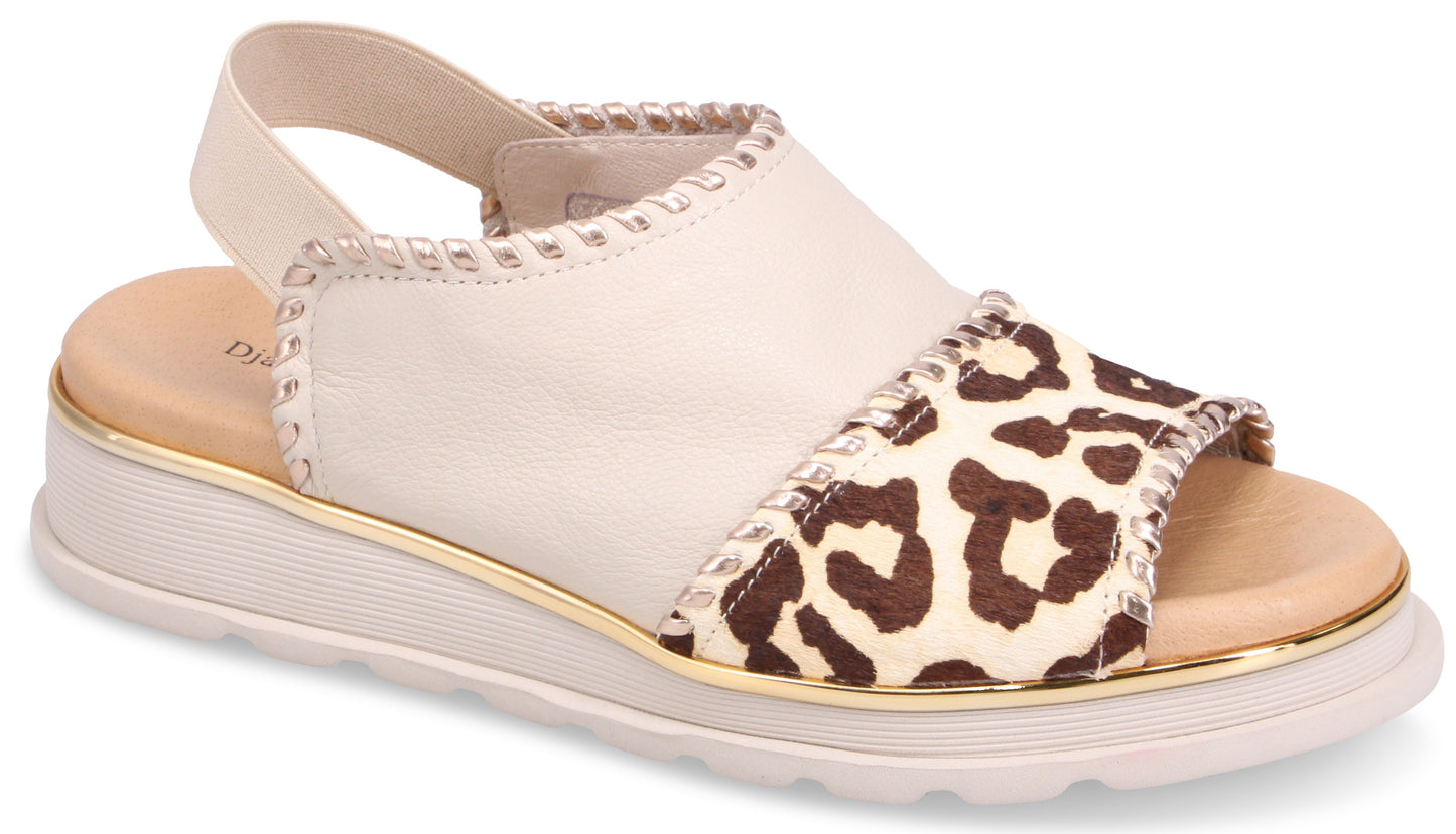 Platform sandal with white straps and animal print toe