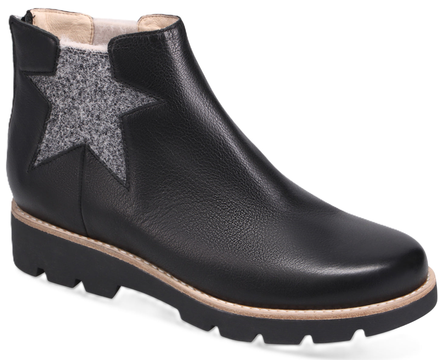 Black ankle boot with a gray star design on the side and a platform sole.