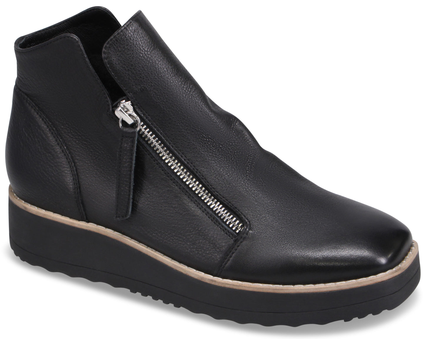 A black leather ankle boot with a slanted, silver-colored side zipper, a square toe, and a thick, ridged black platform sole with a thin tan-colored trim.