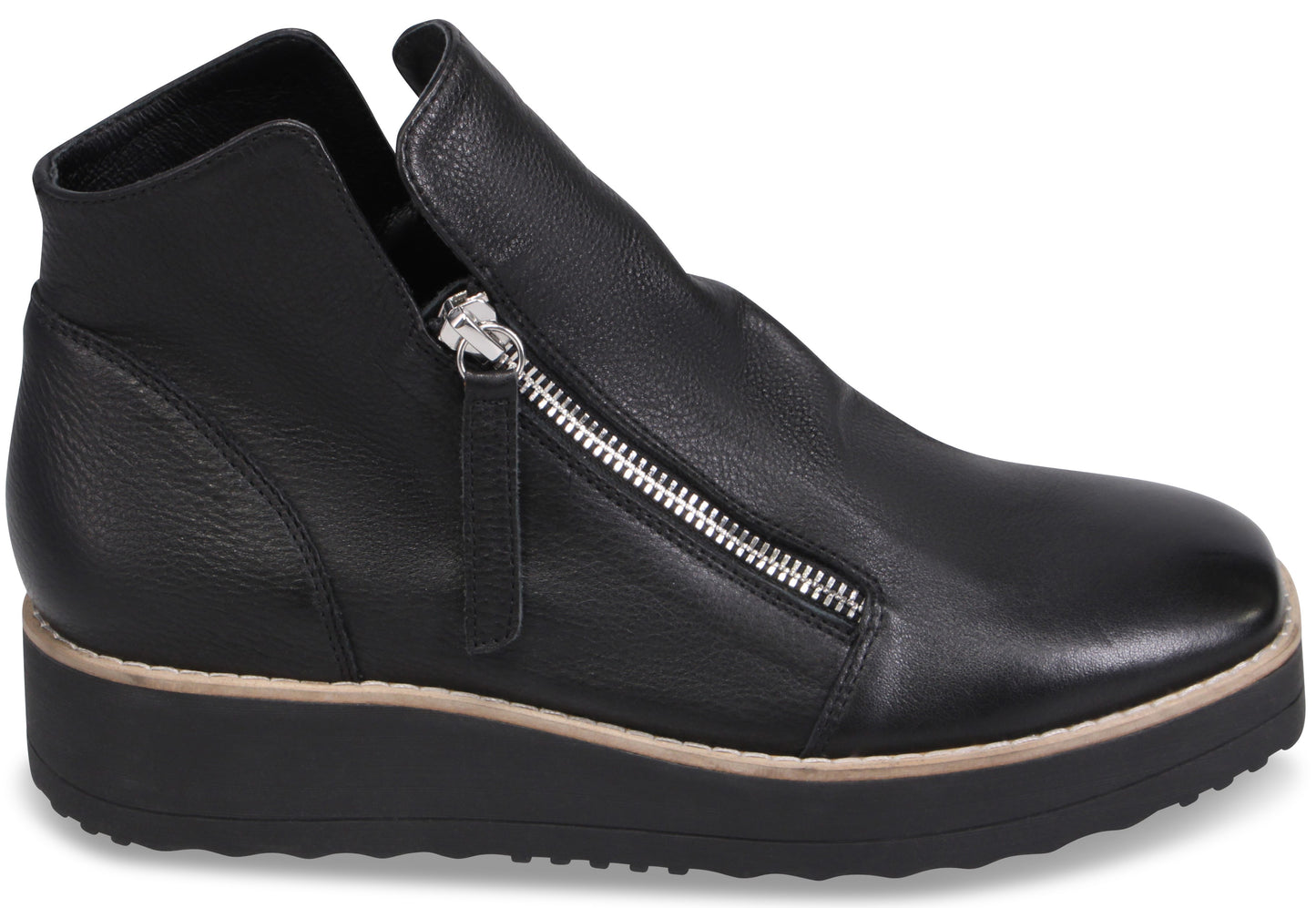 A black leather ankle boot with a side zipper closure, a rounded toe, and a thick, textured black sole with a light beige trim.