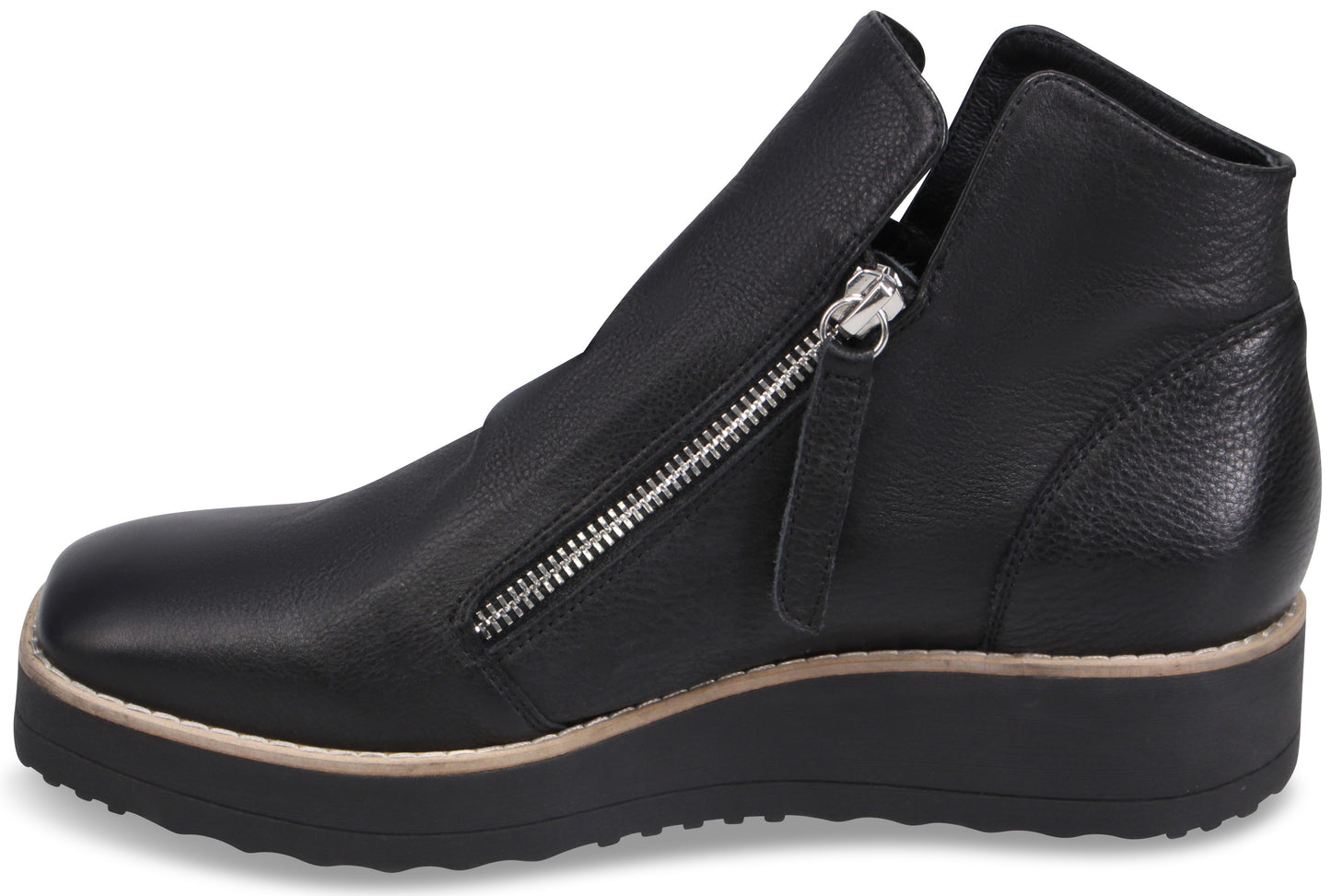 A black leather ankle boot with a side zipper closure, a rounded square toe, and a thick, ridged black platform sole with a metallic trim.
