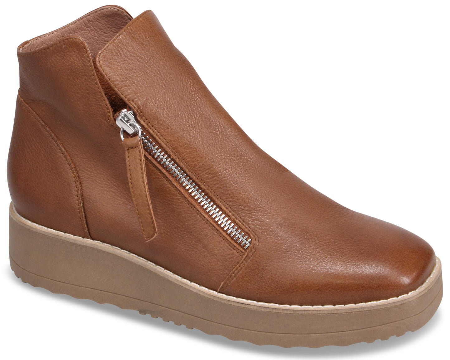 A brown leather ankle boot with a square toe, a side zipper with a matching leather pull, and a thick, ridged light-tan platform sole.