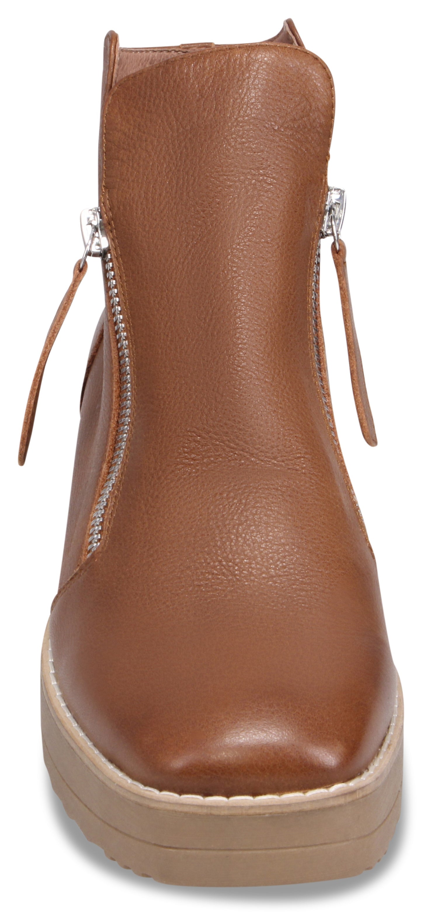 A tan leather ankle boot featuring a square toe, a chunky light-colored platform sole, and a silver zipper running along both sides of the shaft.