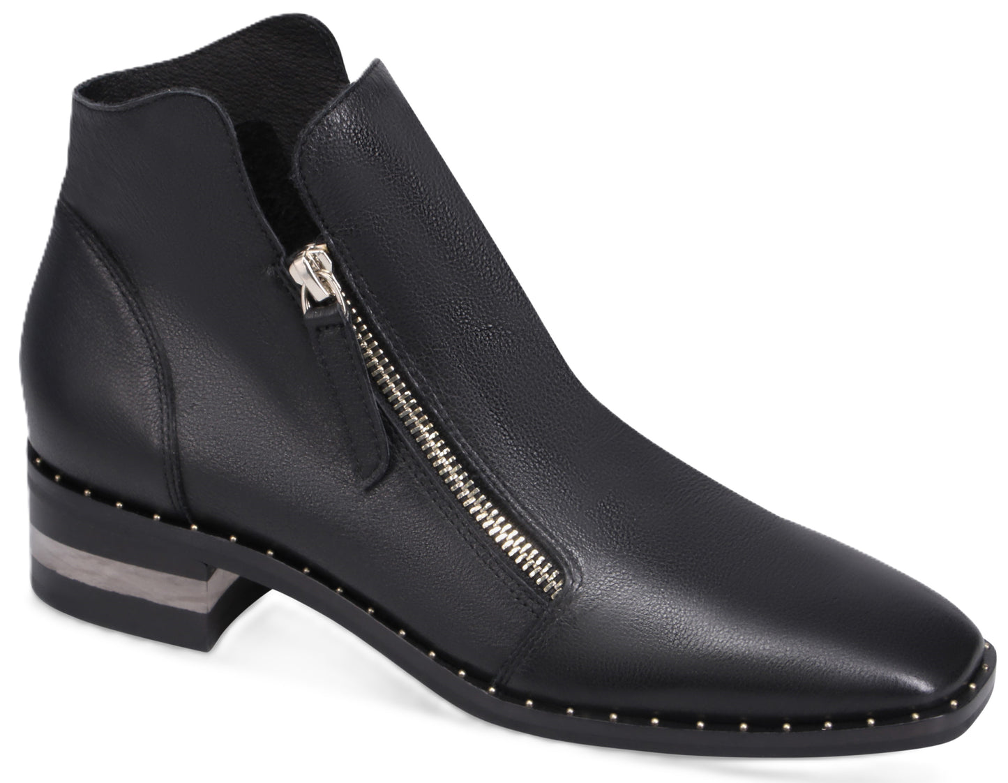 Black leather ankle boot with a silver zipper closure, a low block heel with a thin silver accent, and silver studs along the sole.