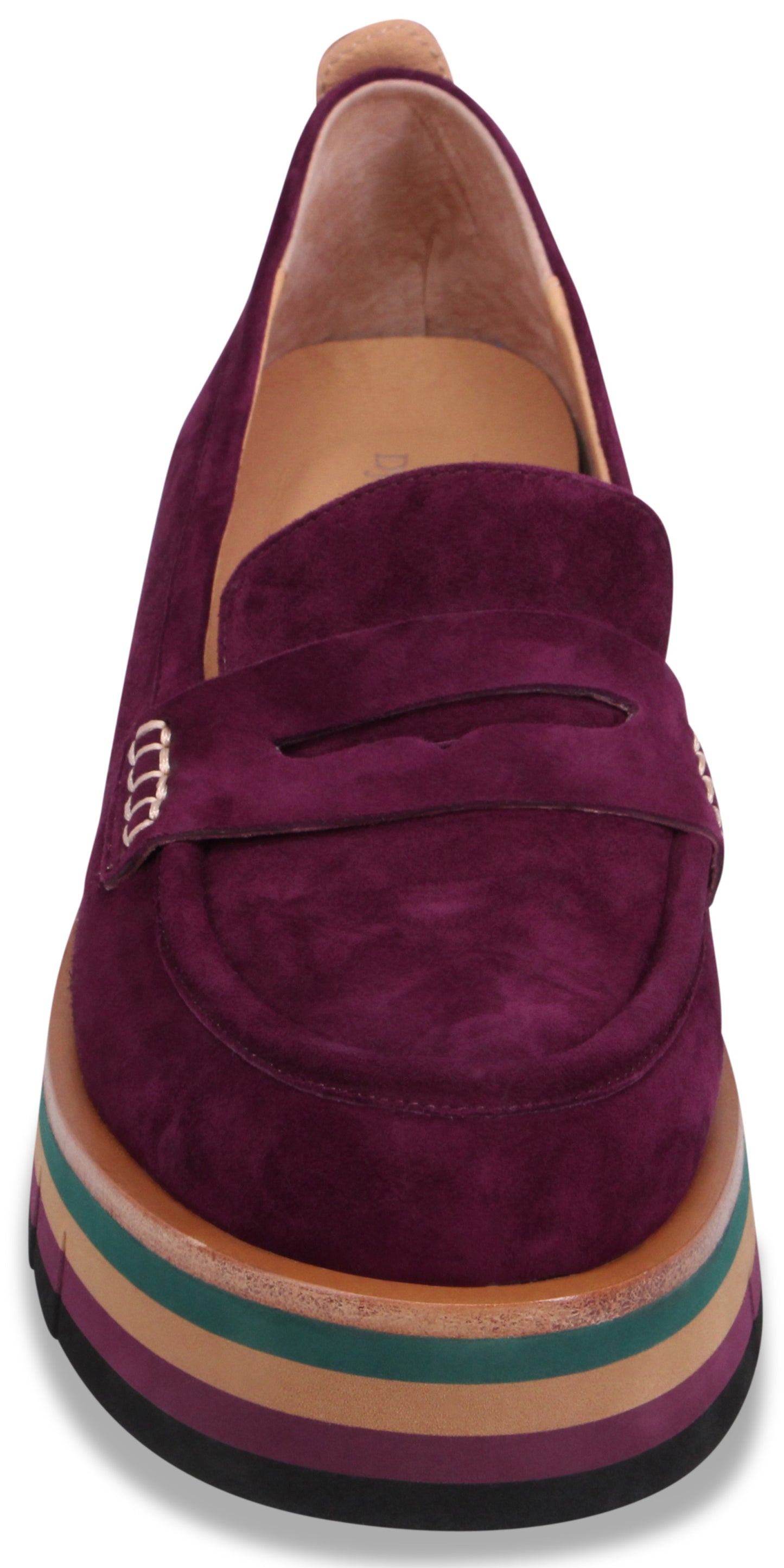 A deep purple suede penny loafer shoe with a thick platform sole featuring horizontal stripes in alternating layers of light brown, dark green, and purple.