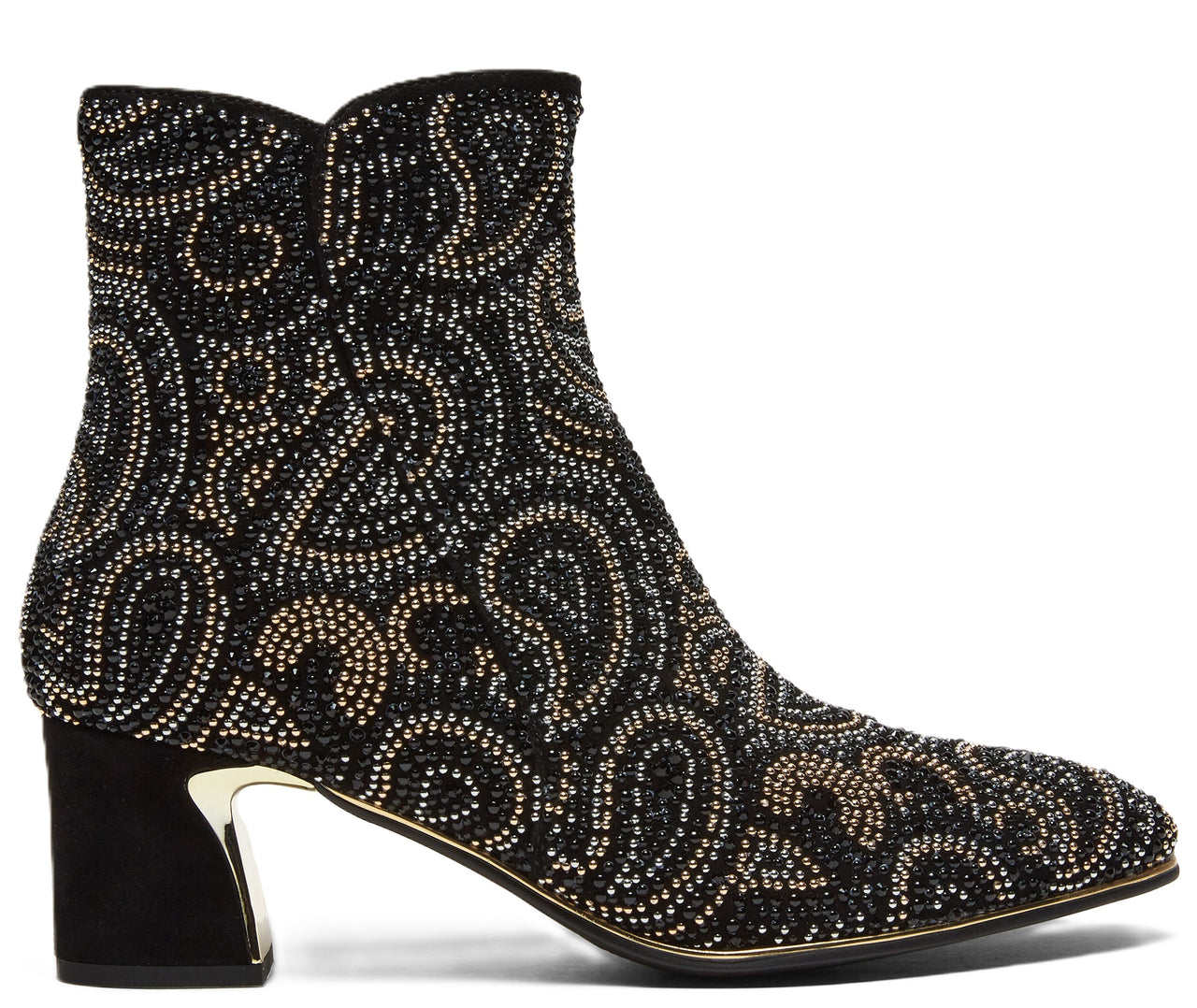 Ankle-high black boot covered in paisley-shaped bead patterns, with a flared heel.