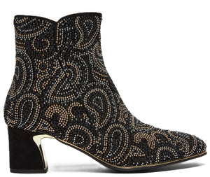 Ankle-high black boot covered in paisley-shaped bead patterns, with a flared heel.