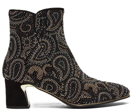 Ankle-high black boot covered in paisley-shaped bead patterns, with a flared heel.