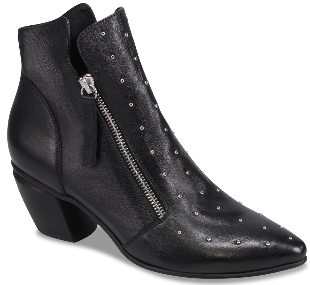 A black leather pointed-toe ankle boot featuring a block heel, a silver-toned side zipper, and small metallic studs scattered across the front.
