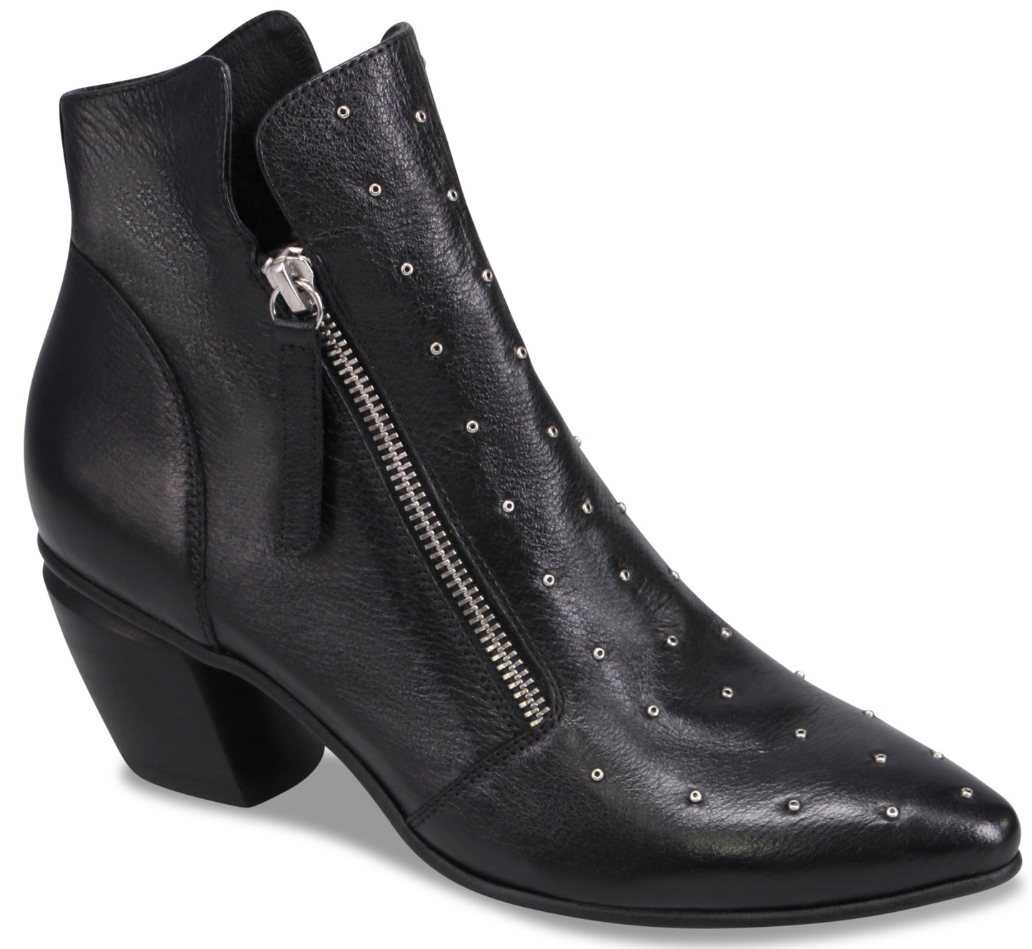 A black leather pointed-toe ankle boot featuring a block heel, a silver-toned side zipper, and small metallic studs scattered across the front.