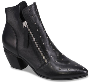 A black leather pointed-toe ankle boot featuring a block heel, a silver-toned side zipper, and small metallic studs scattered across the front.