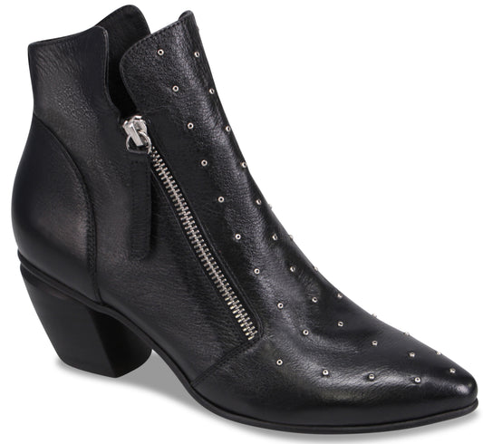 A black leather pointed-toe ankle boot featuring a block heel, a silver-toned side zipper, and small metallic studs scattered across the front.