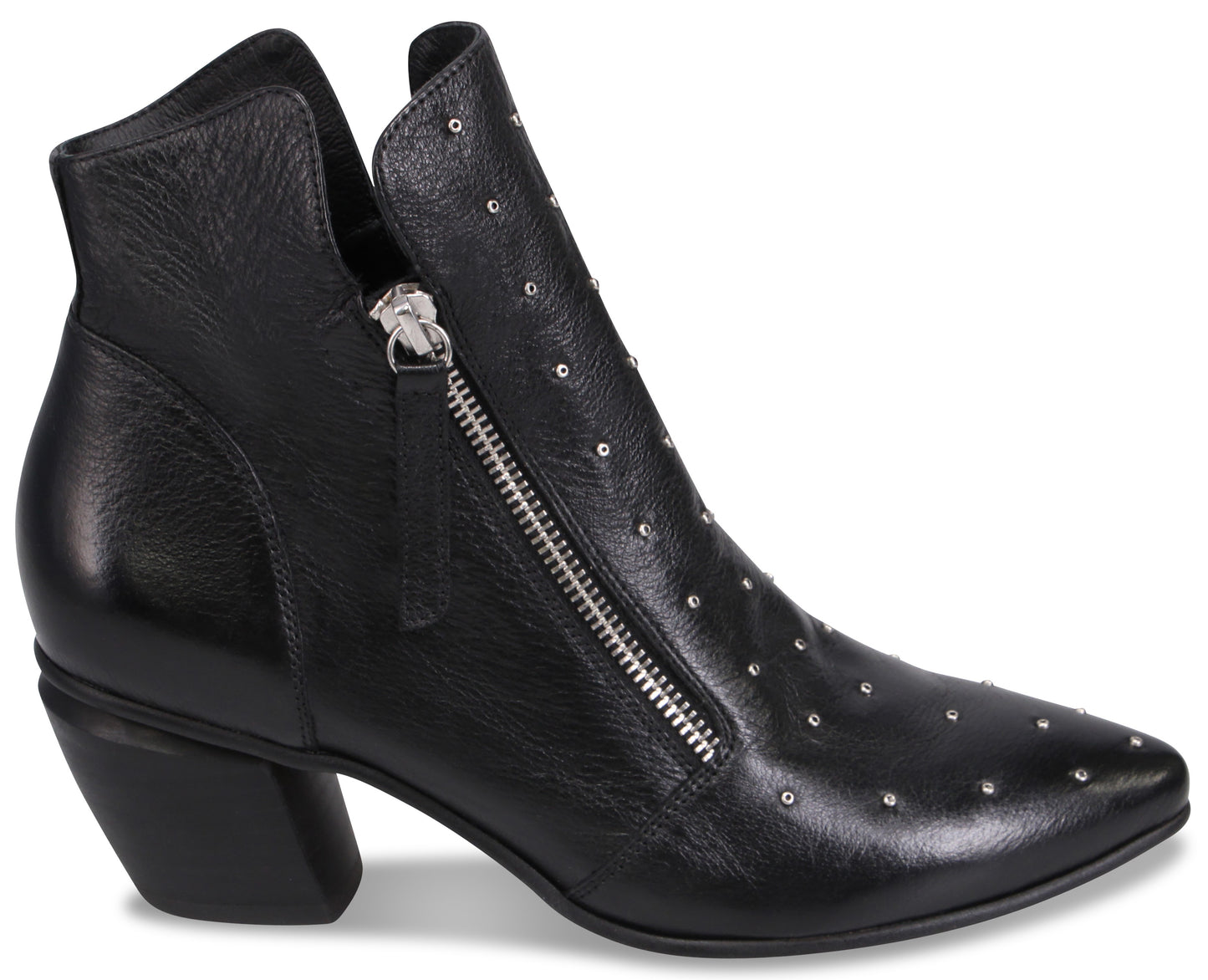 A black leather ankle boot with a pointed toe, a chunky block heel, and a side zipper closure, decorated with small metallic silver studs along the front and side.