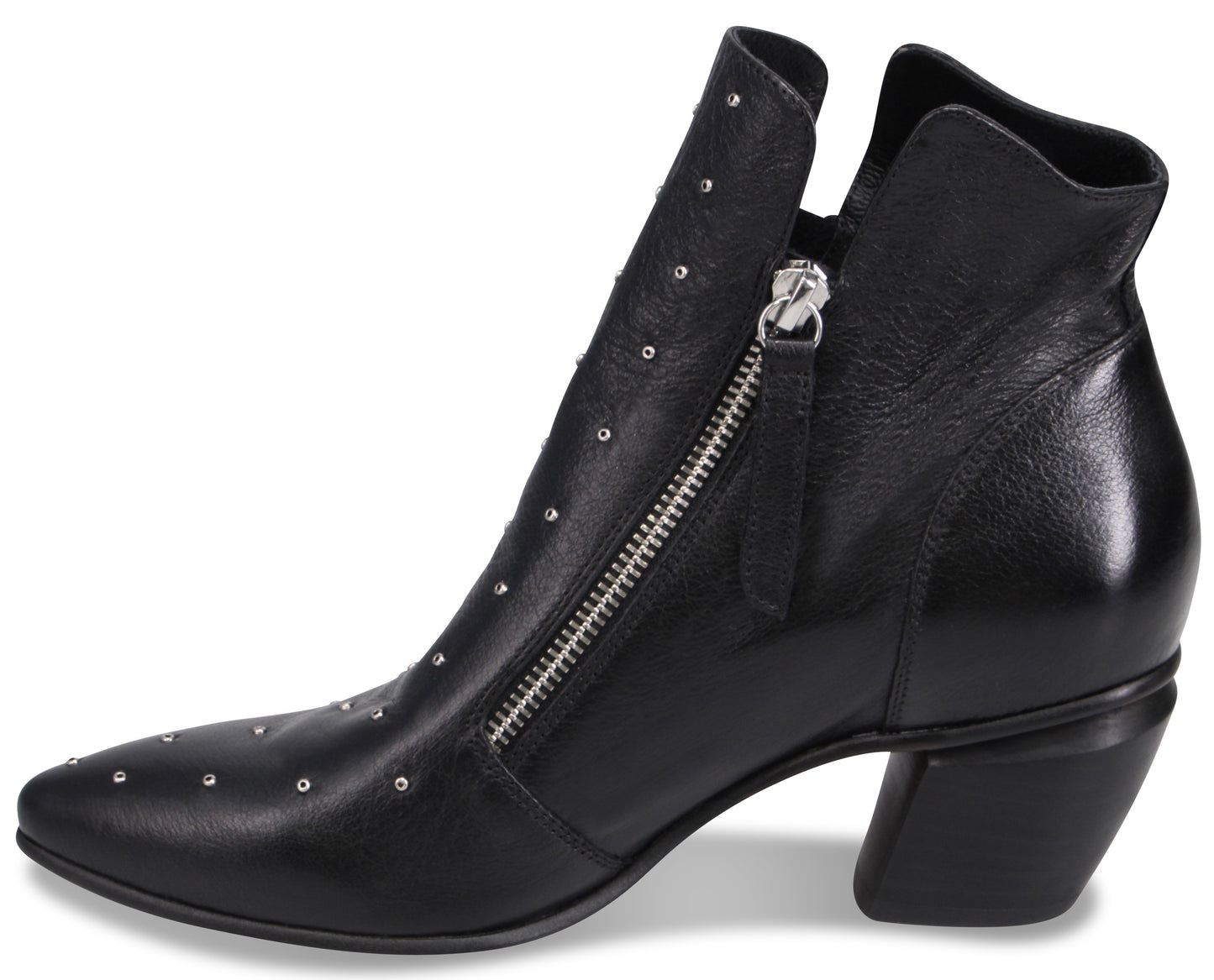 A black leather ankle boot with a pointed toe, a chunky mid-height block heel, a silver side zipper, and small silver stud accents along the vamp and shaft.