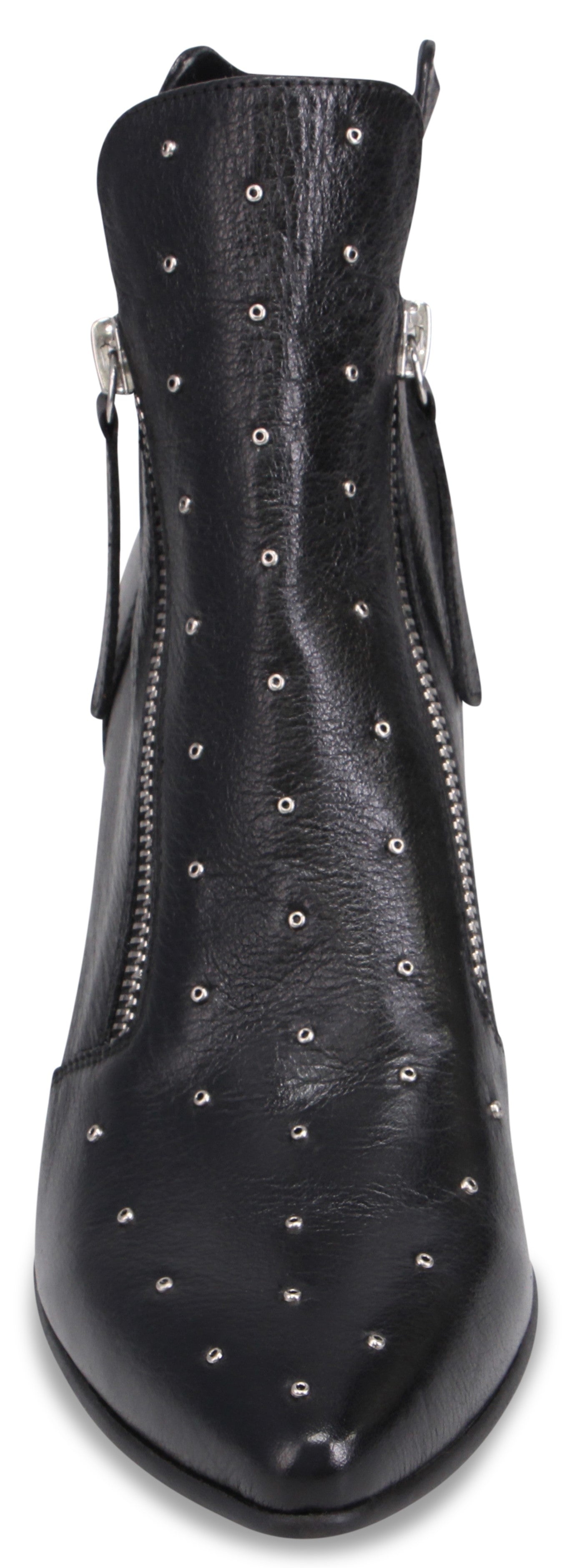 A black leather ankle boot with a pointed toe, adorned with small silver studs across the front, featuring silver zippers running vertically along both sides of the shaft.