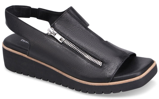 Black, open-toe wedge sandal with an elastic heel strap and a decorative zipper running across the vamp.