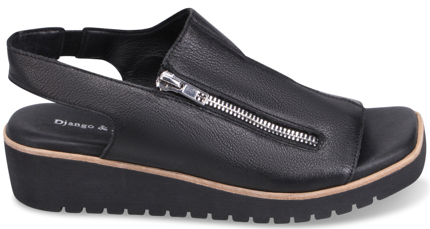 Black slingback sandal with zipper detail and platform sole.