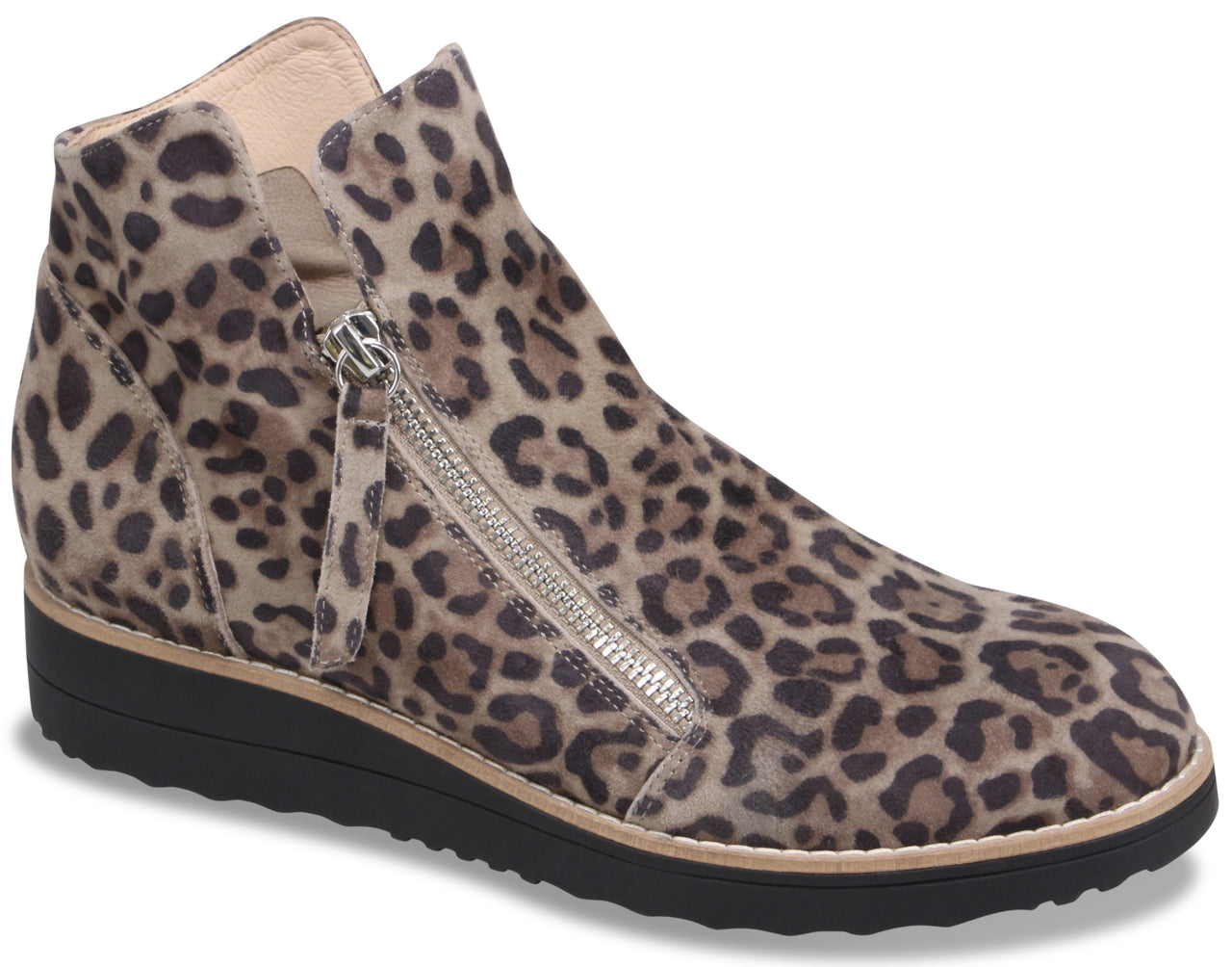 A leopard print suede ankle boot with a side zipper and a thick black rubber sole.