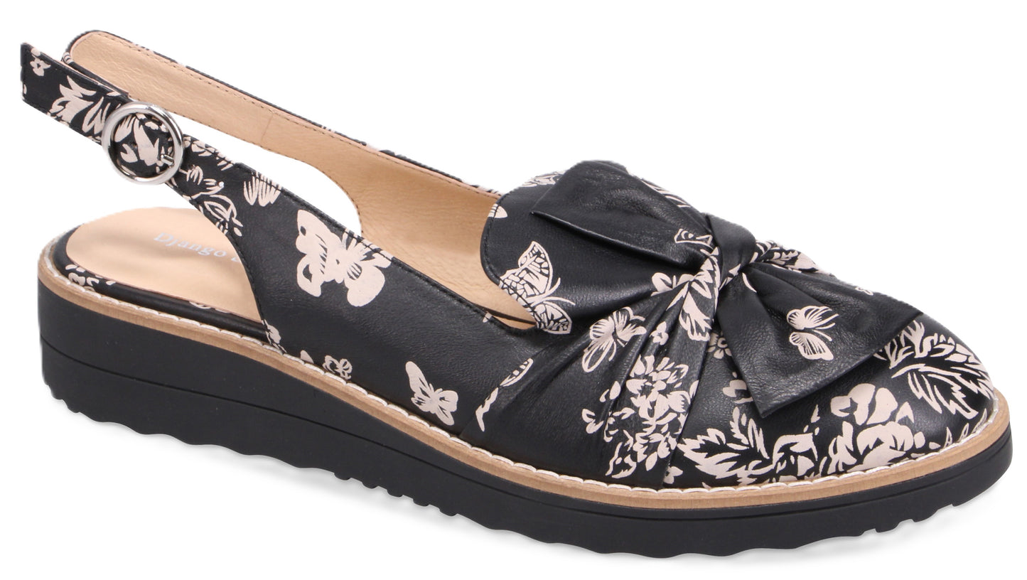 Black floral slingback with bow detail.